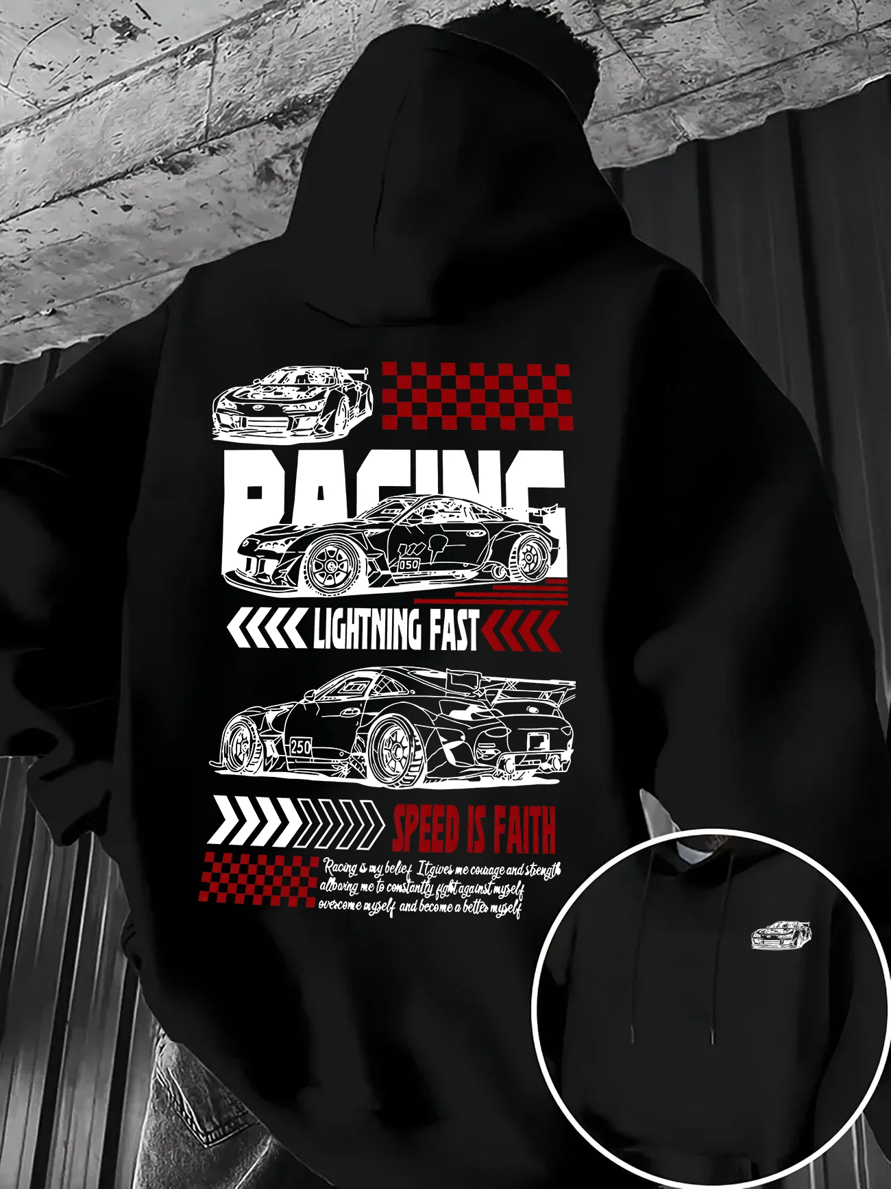 Herren JDM Racing Car Print Hoodie Herbst Winter Speed-Thema Lockerer Motor-Streetwear Kapuzenpullover Outdoor Warm und Bequem – Detail 4