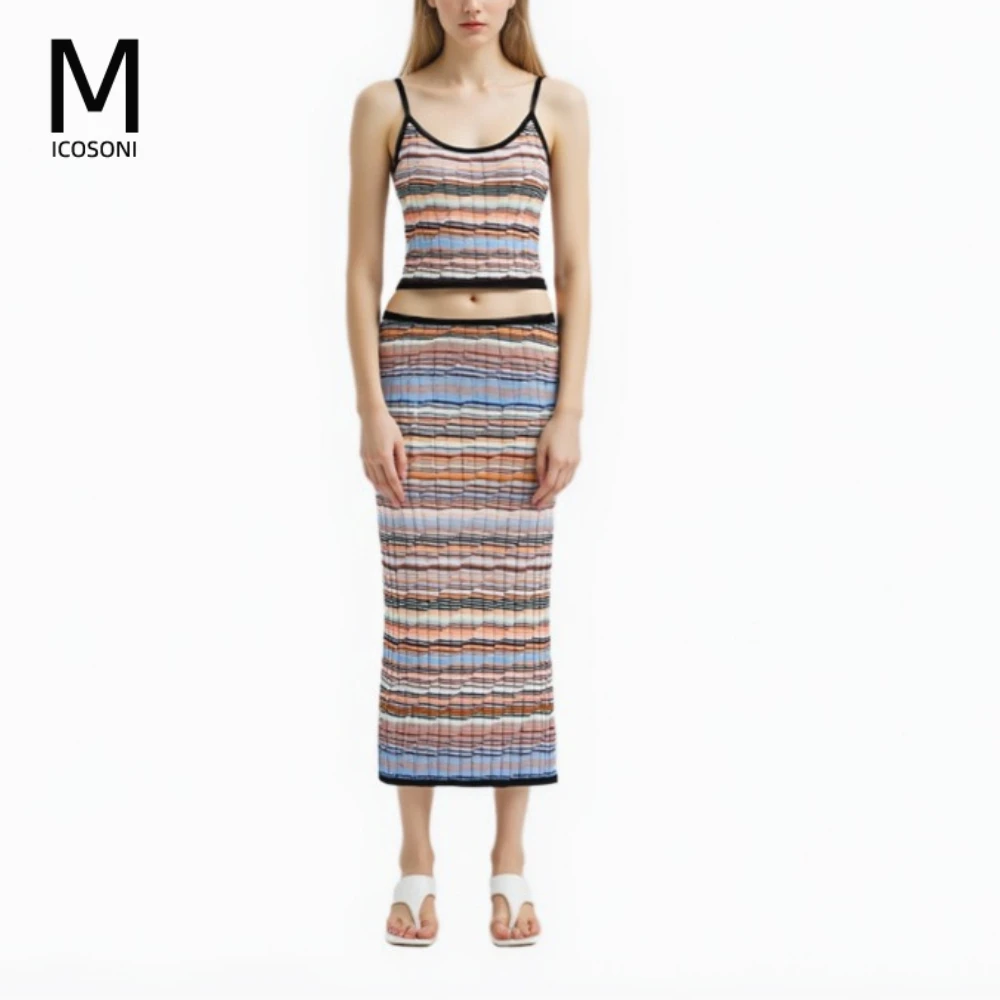 

Micosoni High-end Wholesale V-neck Two-piece Set Sleeveless Knitted Cotton Camisole Top Striped Slim Skirt Fashion Casual Suit