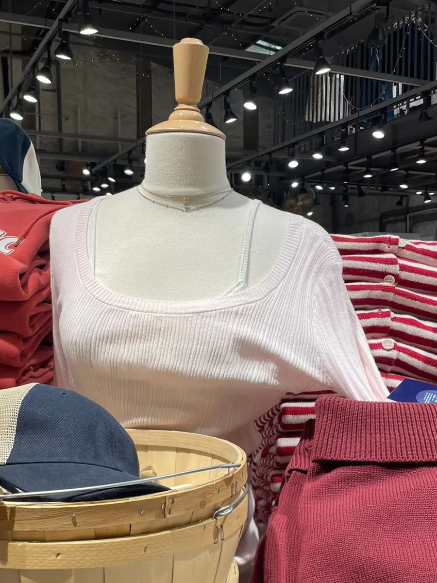 

Pink Ribbed Knitted Long Sleeve T-shirt Women Autumn Enw Scoop Neck Slim Pullover Tops Female Sweet Simple Fashion Tee Shirts