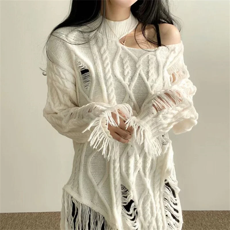 Women\'s Sweater Sexy Off Shoulder Top Women Autumn Winter Hollow Out Tassel Loose Female Pullovers Chic Tops Y2k Clothes