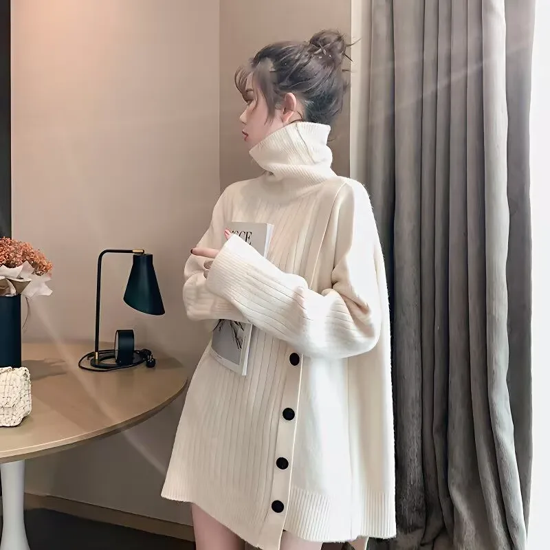 

Women Autumn Winter Knitted Sweater 2025 New Turtleneck Pullover Sweater Korean Style Button Casual Outwear knitted Sweater