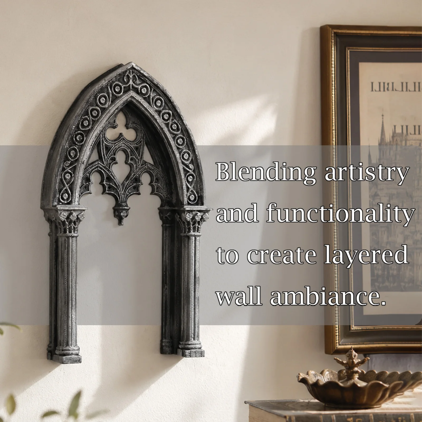Cross-border Vintage Stone Effect Gothic Church Pointed Arch Window Wall Decor, European Ruin Style Hollow Carved Wall Backgroun