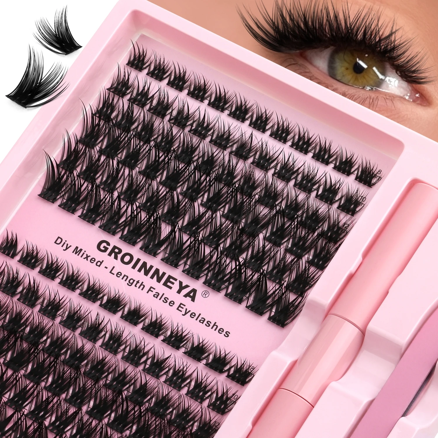 GROINNEYA Kit grappoli per ciglia Ciglia per gatti con legame per ciglia e sigillo Cluster Estensioni ciglia Kit grappole per ciglia fai da te Fai da te a casa