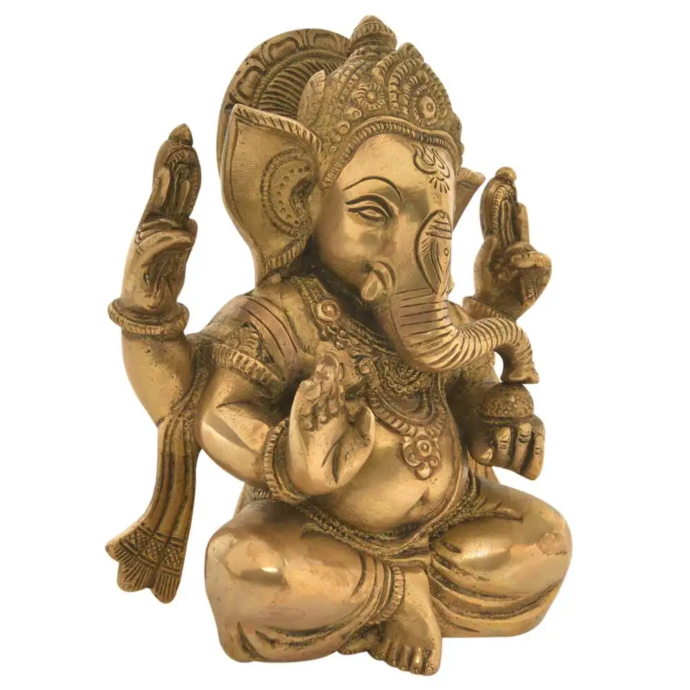 Handmade Golden Brass Ganesha With His Trunk The Modak Sculptures Figurine Statue Statement Pieces Decor Gift Items