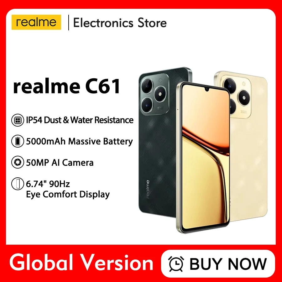 realme C61 Smartphone 5000mAh Battery 45W SUPERVOOC Charge 50MP AI Camera 90Hz Display IP54 AI Engine 256GB NFC