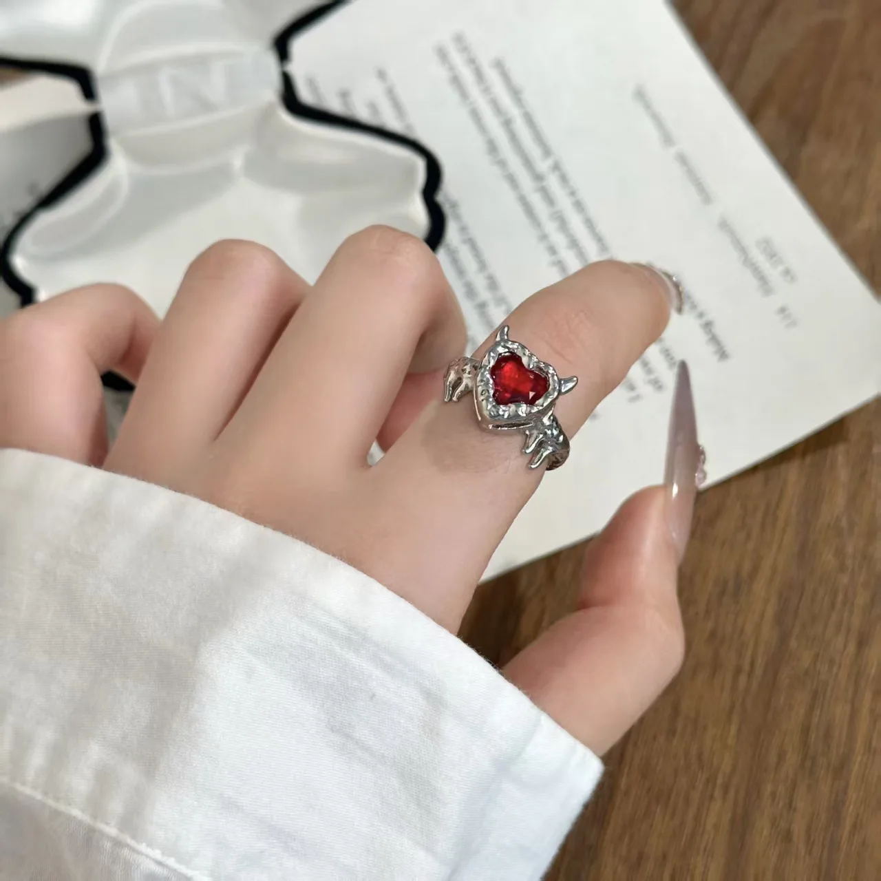 Gothic Heart Ring for Women Red Stone Spiked Vintage Silver Punk Statement Ring Adjustable Open Band Aesthetic Jewelry Gift