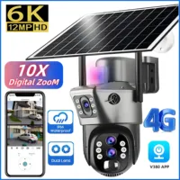 10x Zoom 4G SIM Solar Camera Outdoor 6K 12MP Three Lens HD Night Vision IP Surveillance Camera Security Protection PTZ CCTV Cam