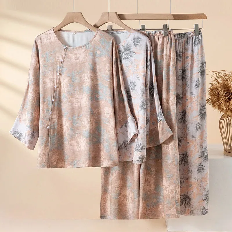 Women's Elegant Chinese Floral Regenerated Fiber Loungewear Set, Soft Skin-Friendly Top & Wide Leg Pajamas Homewear