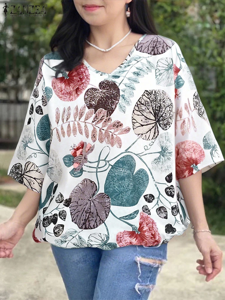 2025 ZANZEA Autumn Women Fashion Vintage Tops 3/4 Sleeve Casual Bohemian Print Blouses Shirts Loose V-Neck Oversize Blusas Femme