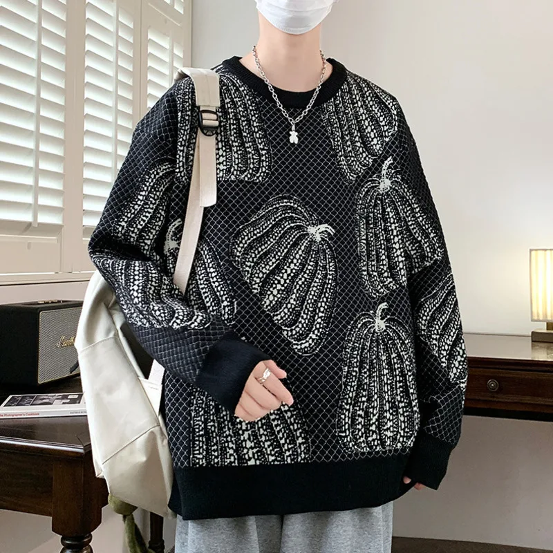 Halloween Pumpkin Sweater Top Autumn Winter Korea Sweater Knitted Shirt O-Neck Casual Long Sleeve Loose Jacquard Trendy Lazy Top