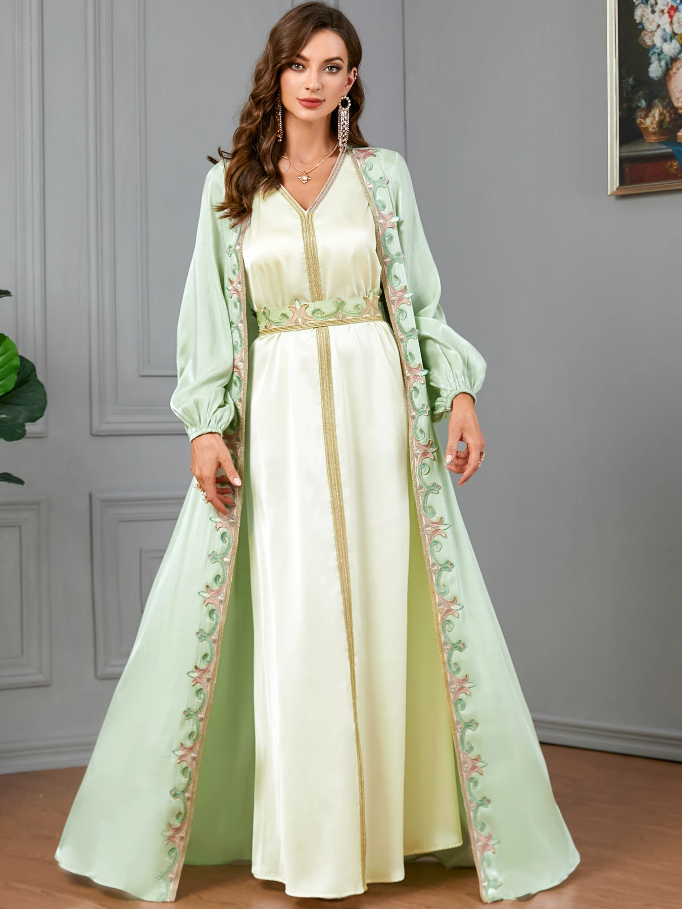 Elegant Muslin 2  Piece Abaya Set for Women Dress Maxi A-line Party Dresses Kimono Saudi Arabic Dubai Kaftan Morocco Kaftan 2023