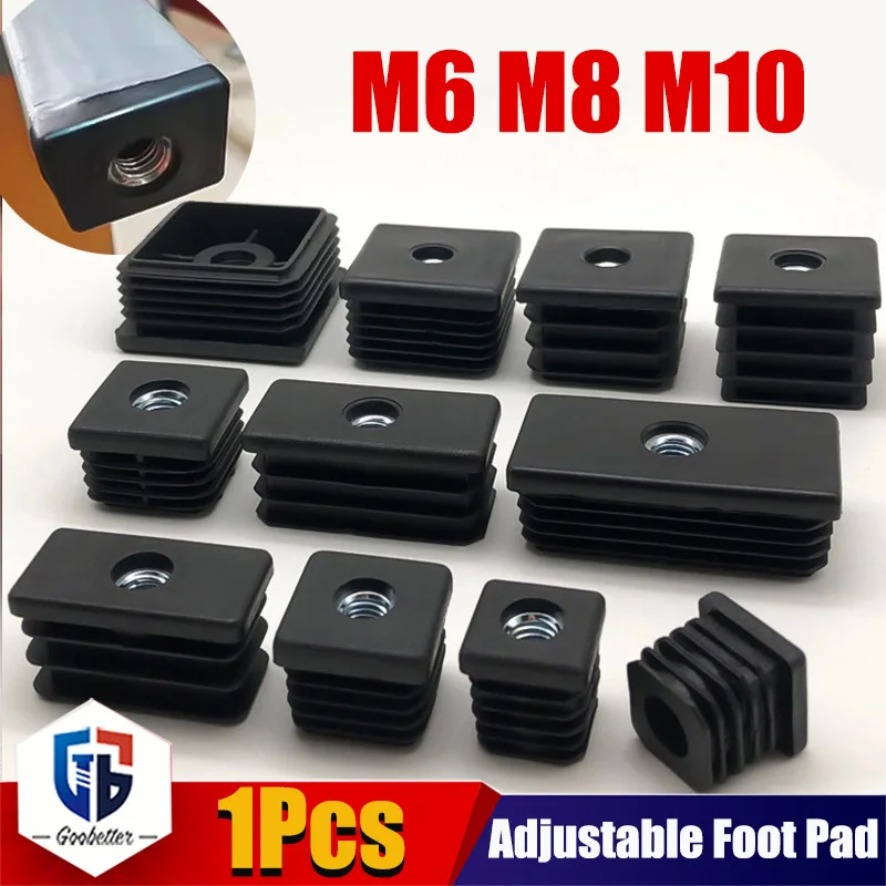 1Set Black Square PE Plastic Pipe Plugs Adjustable Screw Foot Pad with M6 M8 M10 Nut Hole Blanking End Inserts Caps