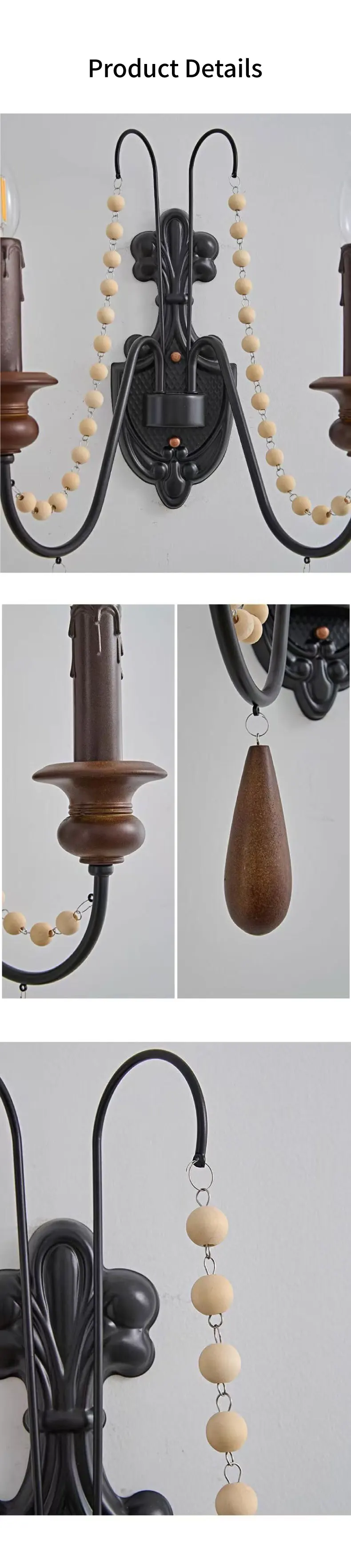 American Retro Wood Candle E27 Chandelier French