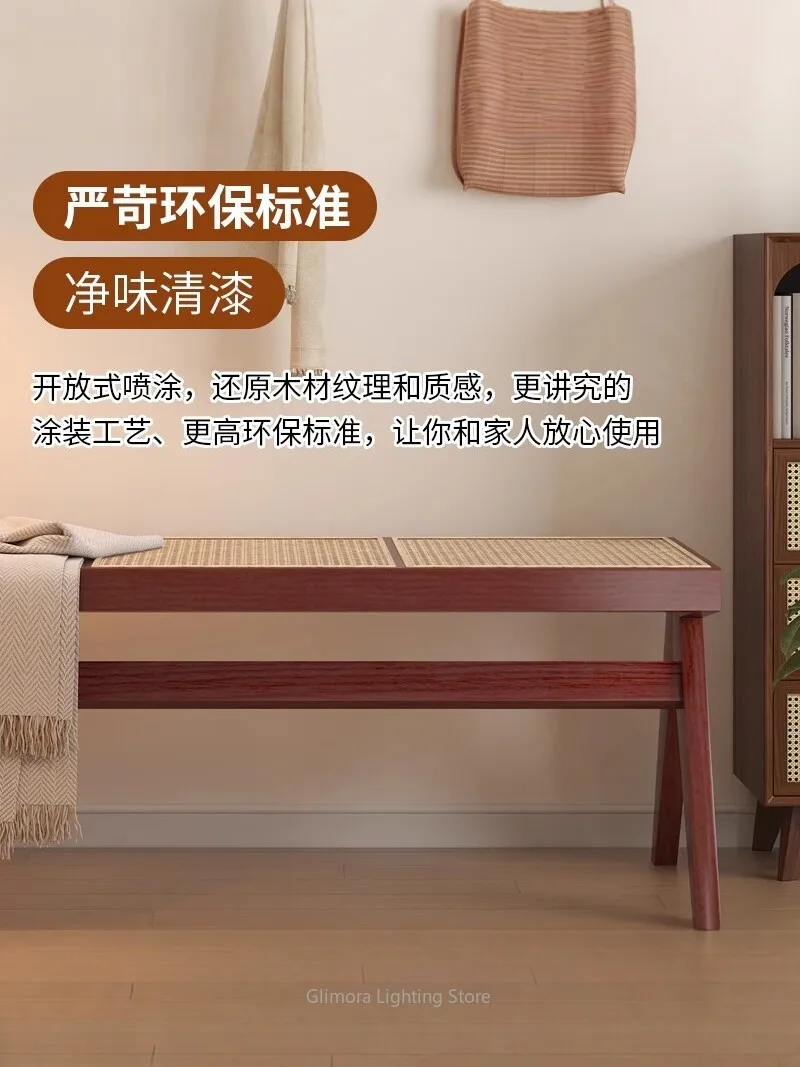 Vintage Solid Wood Rattan Long Bench for Entryway, Upholstered Shoe Changing Bench & Bed End Seat