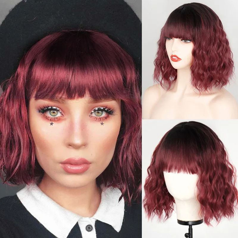 Synthetic wig with short bangsbobWater wave wigs are suitable for use at parties