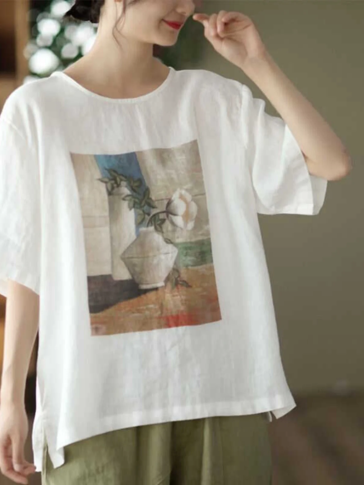 Summer New Loose Cotton Linen Short Sleeve T-Shirt Women's Fashionable Printed Top Mommy Wear Thin Belly Covering Shirt