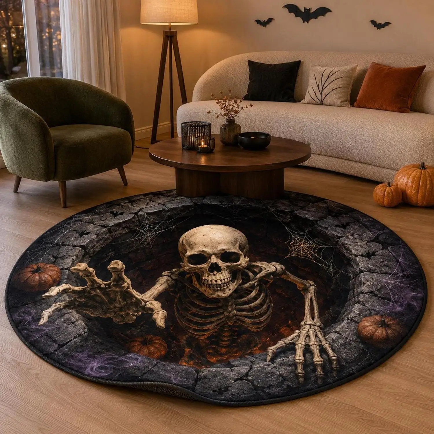 【Room Decoration Carpet】3D Halloween Round Carpet, Skull Floor Mat, Horror Pumpkin Carpet, Gothic Halloween Home Decoration, Gift for Family, Spooky Haunted House Decoration