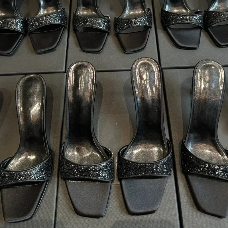 

New one-piece high-heeled shoes with versatile square toe sequins, exposed toes,simple slim heels, semi slippers,women's sandals