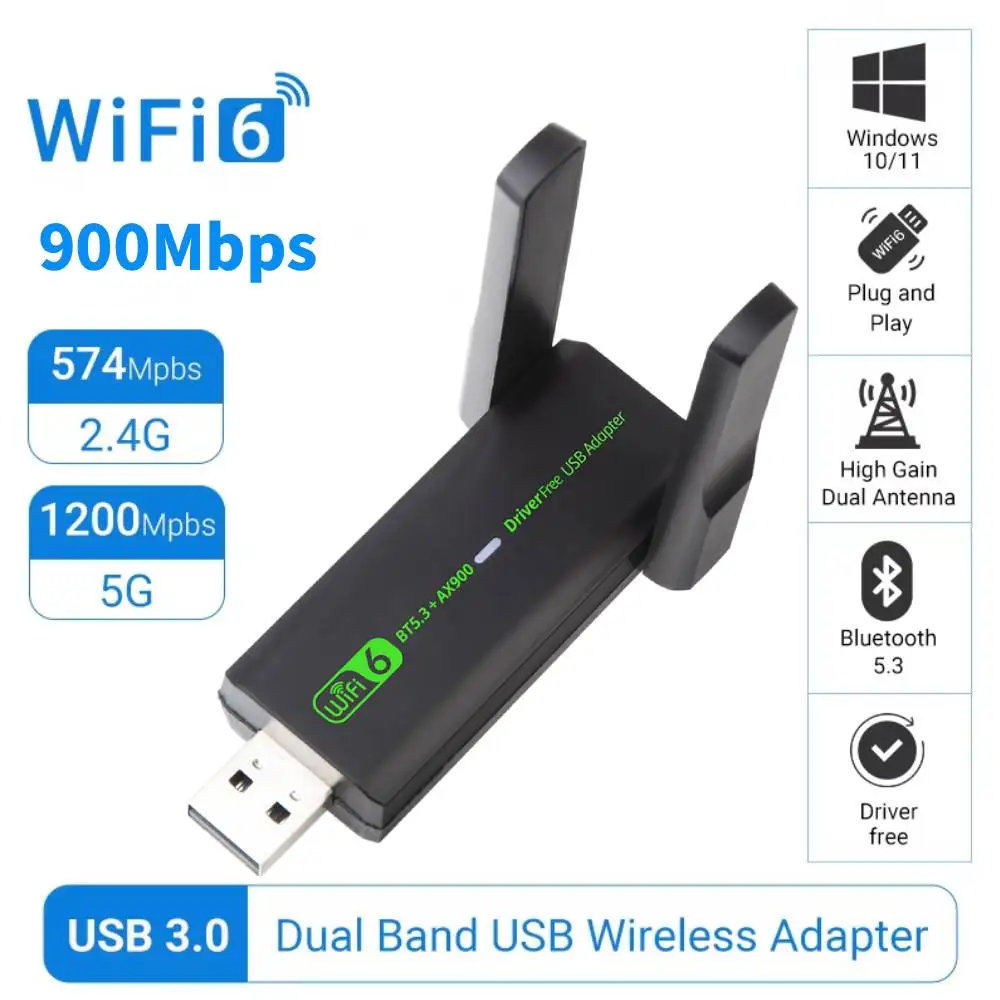 

USB-адаптер Wi-Fi 6 BT5.3 900 Мбит/с, 2.4/5.8 ГГц, USB3.0, беспроводной Wi-Fi-донгл, сетевая карта 802.11ax/a/b/ с усилительной антенной для Windows 10