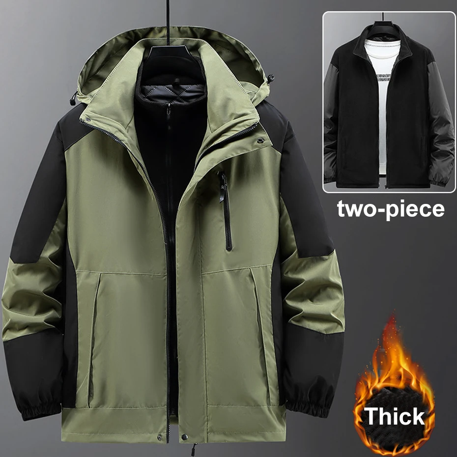 Two-piece Waterproof Trench Jacket Men Winter Thick Windbreak Jackets Plus Size 11XL Fashion Casual Cargo Camping Jacket Male