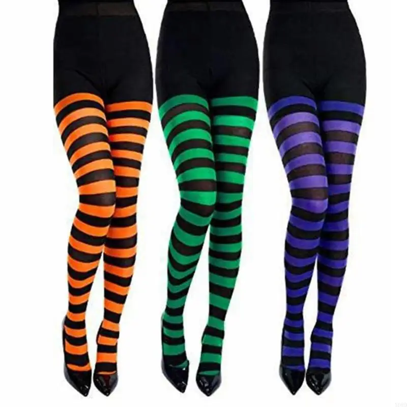 Y08D ผู้หญิงถุงน่องลายทางสีสันสดใสถุงน่องถุงน่องถุงน่องสำหรับ Mardi Gras Carnival