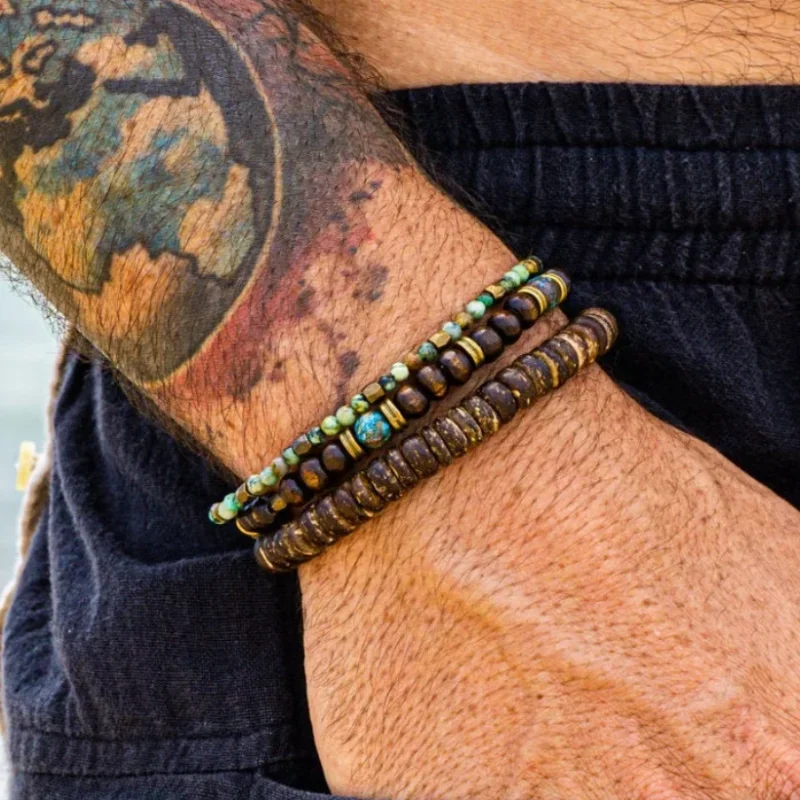 

Retro Ethnic Tiger Eye Pine Wood Bead Coconut Shell Beaded Bracelet Set Male Stacking Bracelet Jewelry Jewelry Gift
