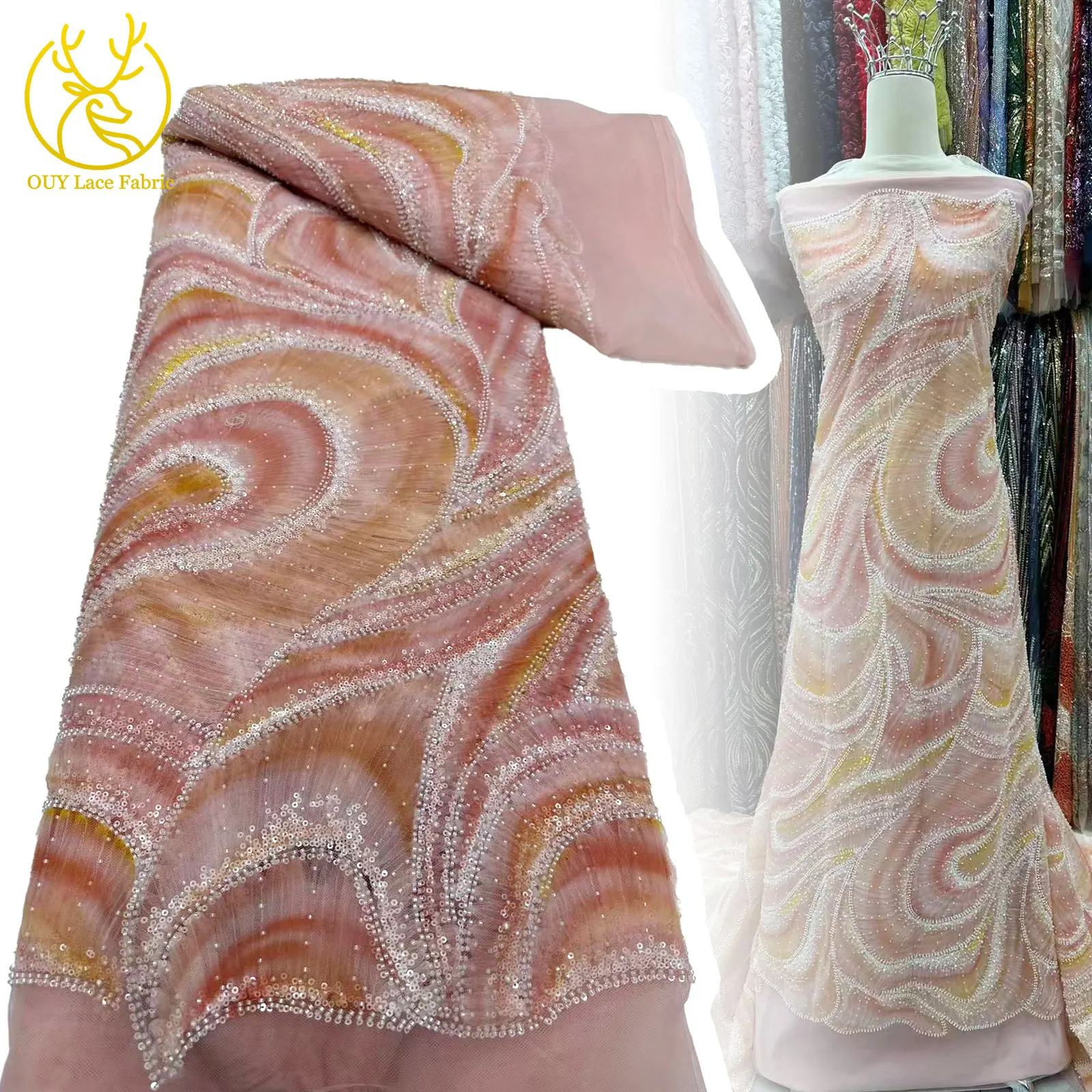 

Hot Sale African Beaded Lace Fabric Fashion 3D Sequins Mesh Lace Fabric Senegalese Style Gorgeous Evening Gowns or Party Dresses