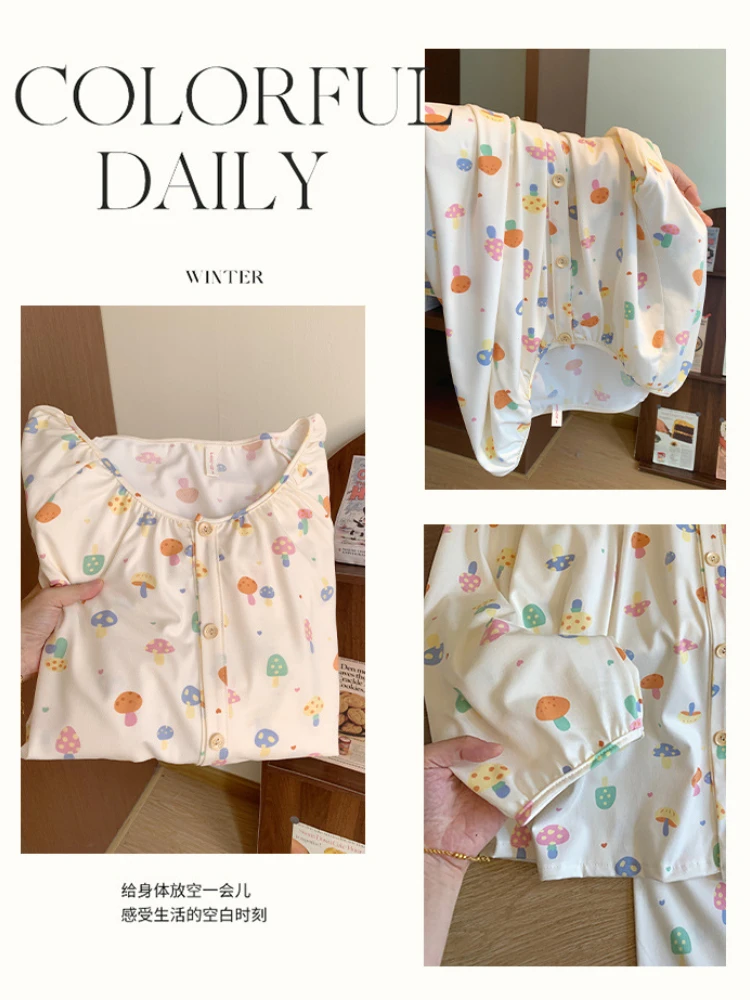 طقم بيجامات ربيعية للسيدات مقاس كبير 125 كجم بأكمام طويلة كريب ملابس نوم للطلاب سترة فضفاضة من القطن والحليب الناعم ملابس منزلية