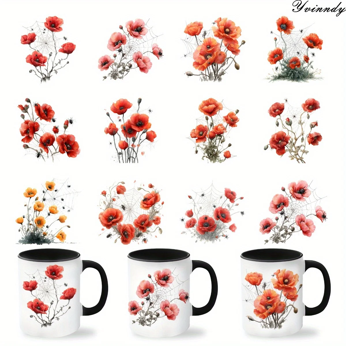 Lot de 12 autocollants pour pots en verre, motif fleurs de pavot aquarelle, papier transfert UV DTF auto-adhésif haute qualité
