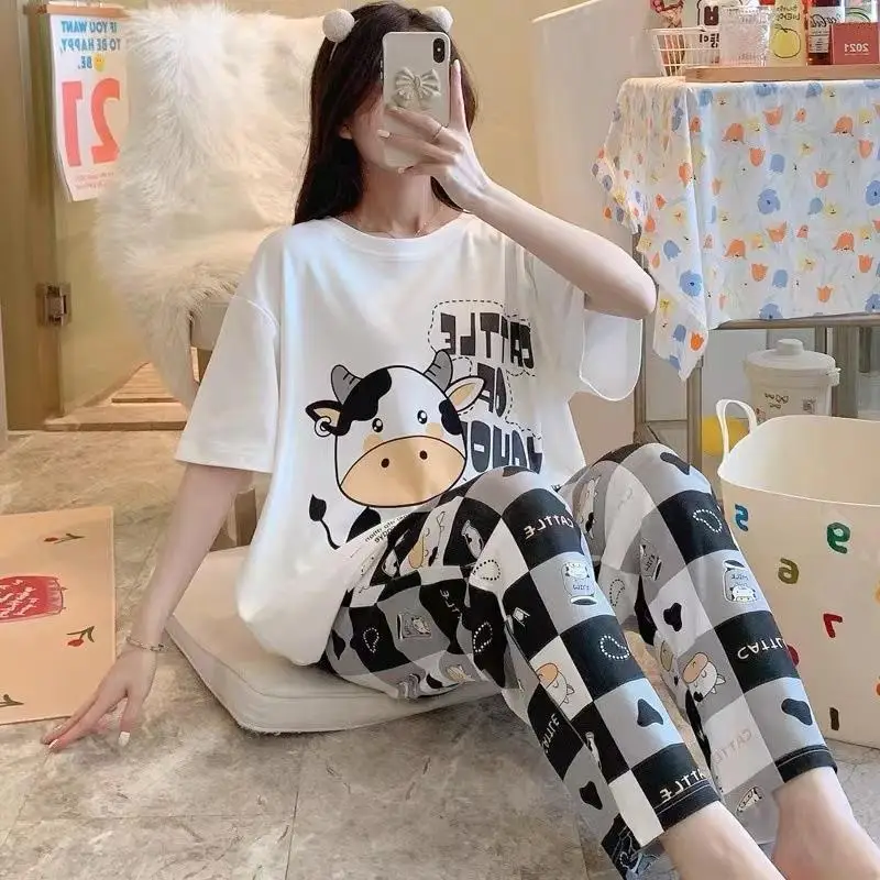 

Cartoon Milk Cow Pajama Women's Short Sleeve Pants Nightgown Summer Cute Cartoon Girl Print Spring Home Clothes Sleepwear Set