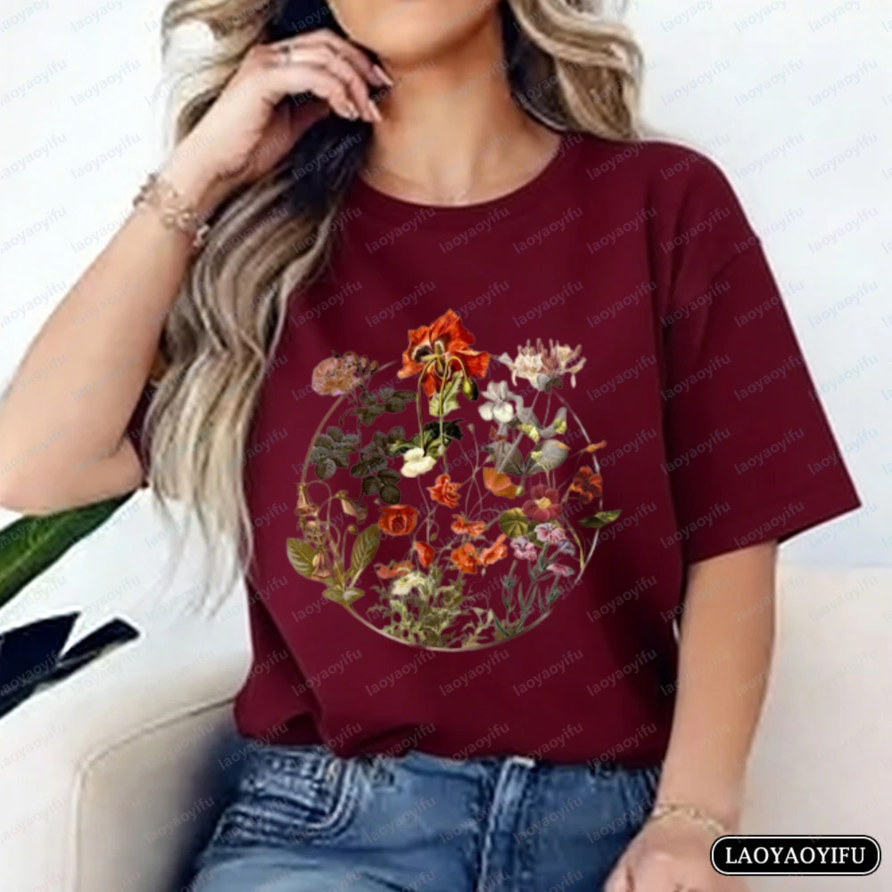 Vintage Botanical Floral Cotton T-Shirt for Women Summer Classic Harajuku Cottagecore Casual Tops Mother's Day Gift for Mom