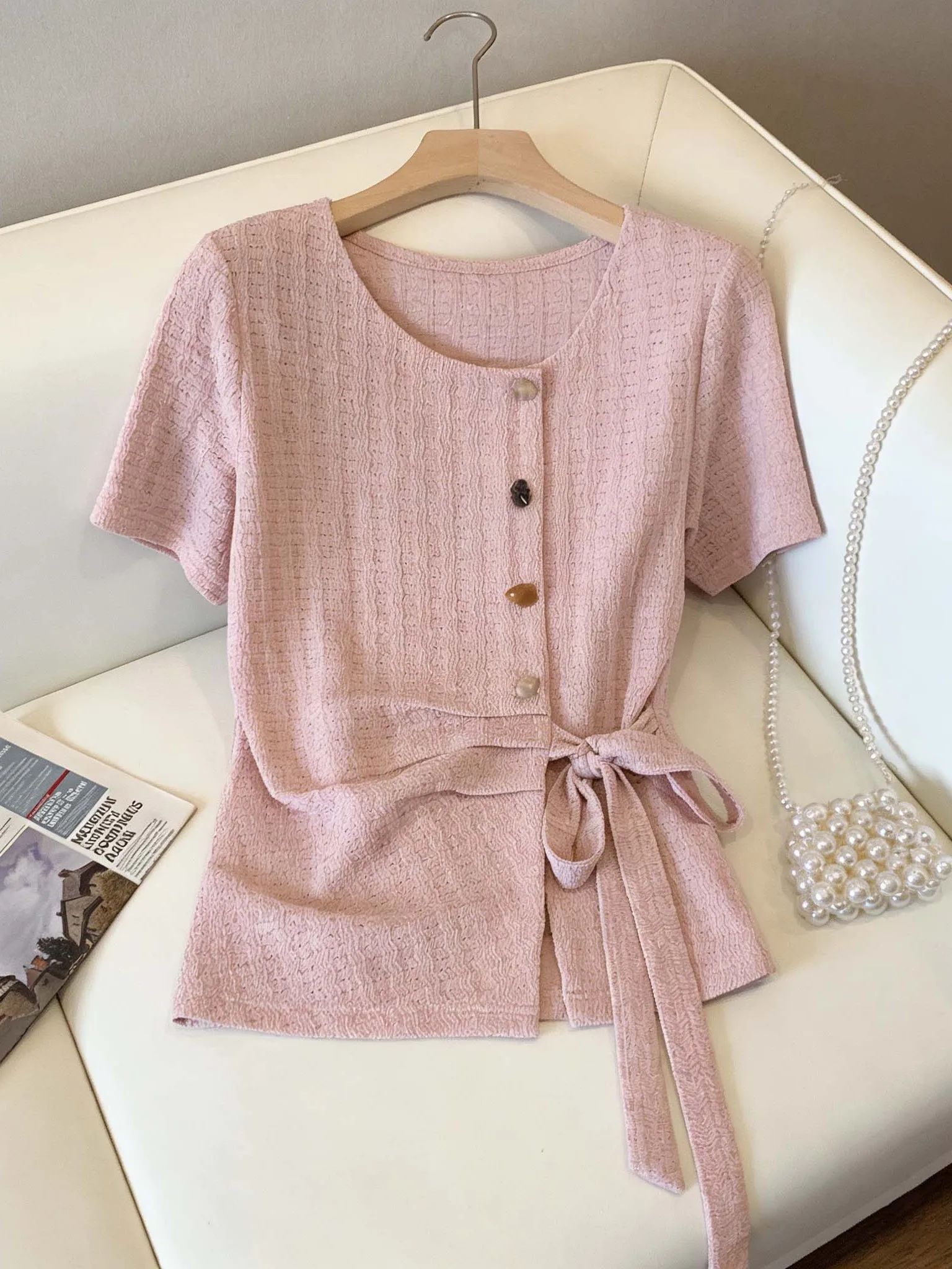 

Elegant plus Size Summer Shirt Women's Gentle Style round Neck Button Short Sleeve Top Korean Style Commute Fashion Pear Body...