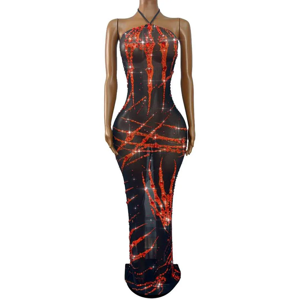 Sexy Shining Rhinestones Mesh Bandage Dress Halloween Birthday Party Celebrate Outfit Fashion Show Photo Shoot Stage Wear