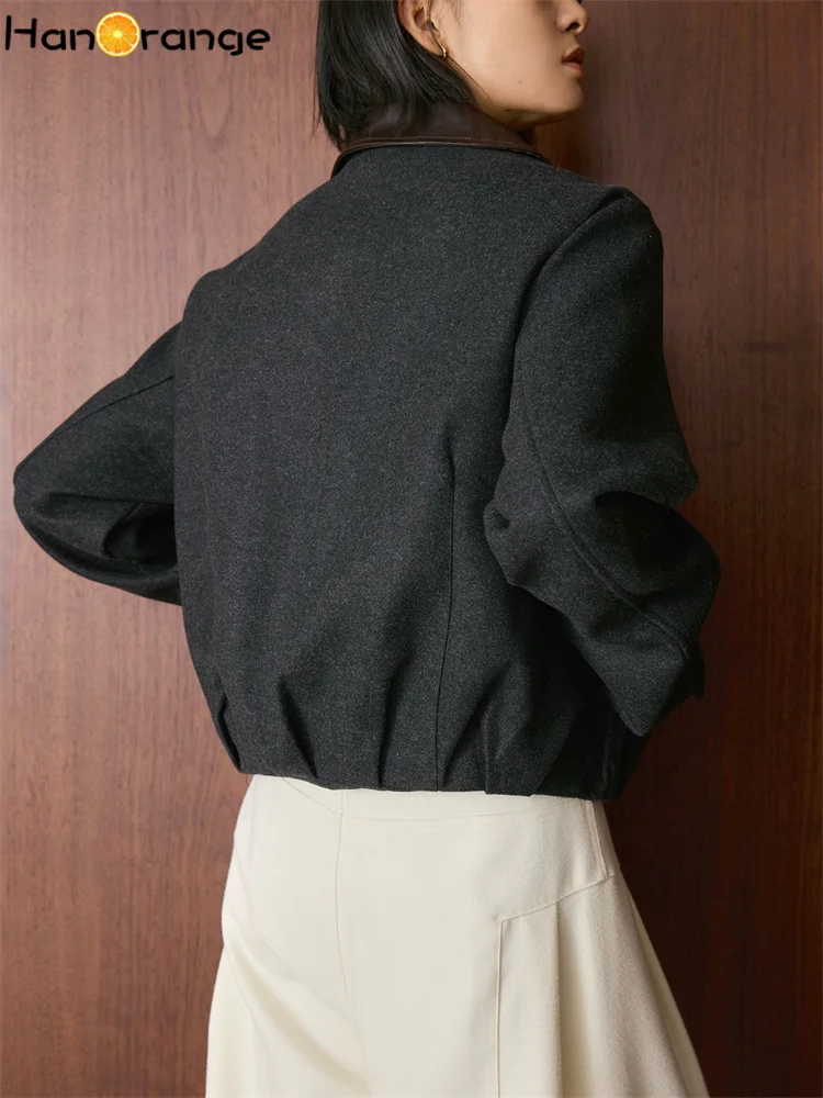 HanOrange 2026 Winter Retro Fashion PU Patchwork Collar Short Woolen Jacket Women Comfortable Casual Jacket Grey/Brown