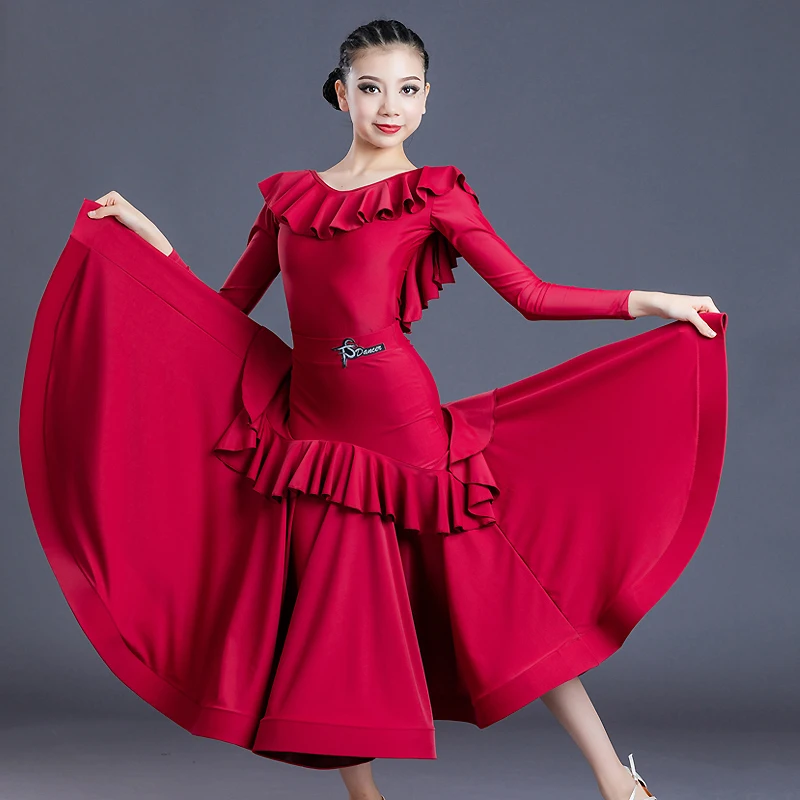 New Children'S Ballroom Dance Costumes Modern Dance Practice Clothes Lotus Leaf High-End Red Long Sleeved Skirts Suit DN11214