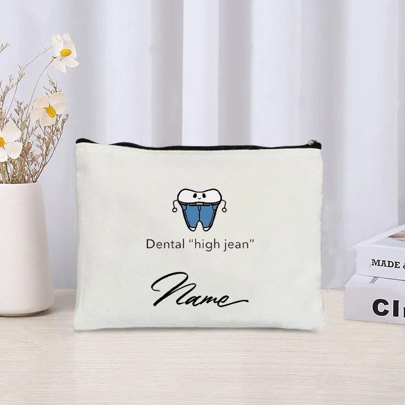 Bolsa de cosméticos con dibujos animados de dientes para mujer, estuche de lápices de viaje, bolsas de aseo de lona, bolsa de Golf, nombre personalizado, Kawaii