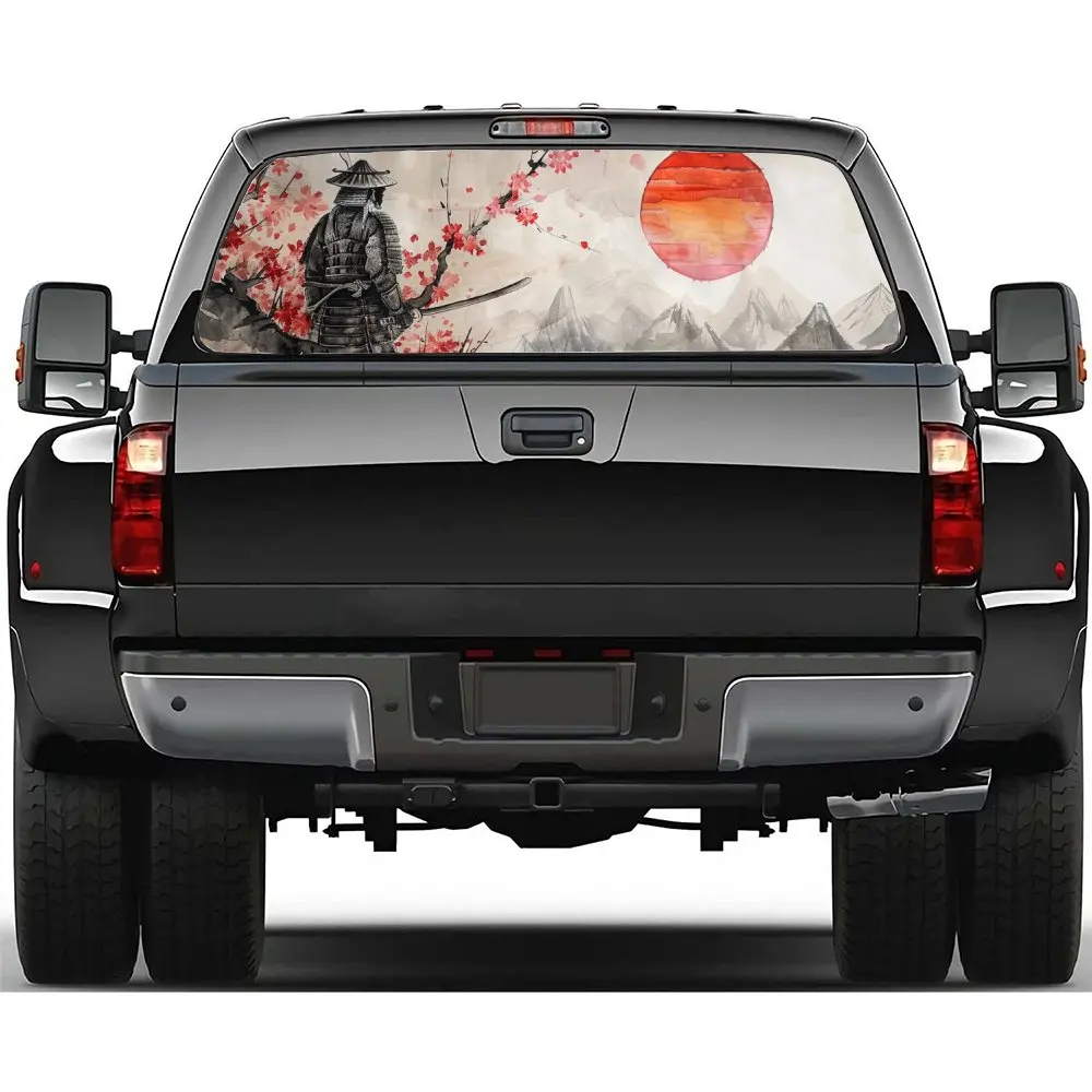

Japanese Samurai Sakura Red Sun Car Rear Windshield Sticker Truck Window See Through Perforated Back Window Vinyl Decal Decor