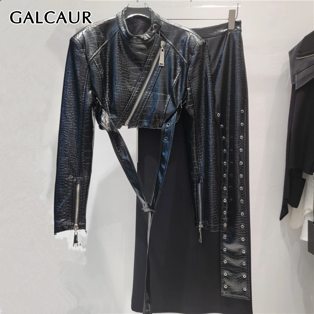 

GALCAUR Black Spliced Lace Up Two Piece Set Female O Neck Long Sleeve Jacket High Waist Hot Girl Women's Skirt Sets Style New