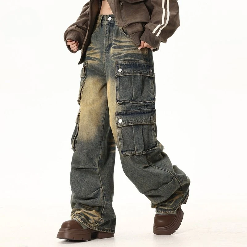 

Spring and Autumn Trendy Street Personality Straight Tube Multi Pocket Work Clothes Jeans Couple Loose Retro Casual Pants y2k