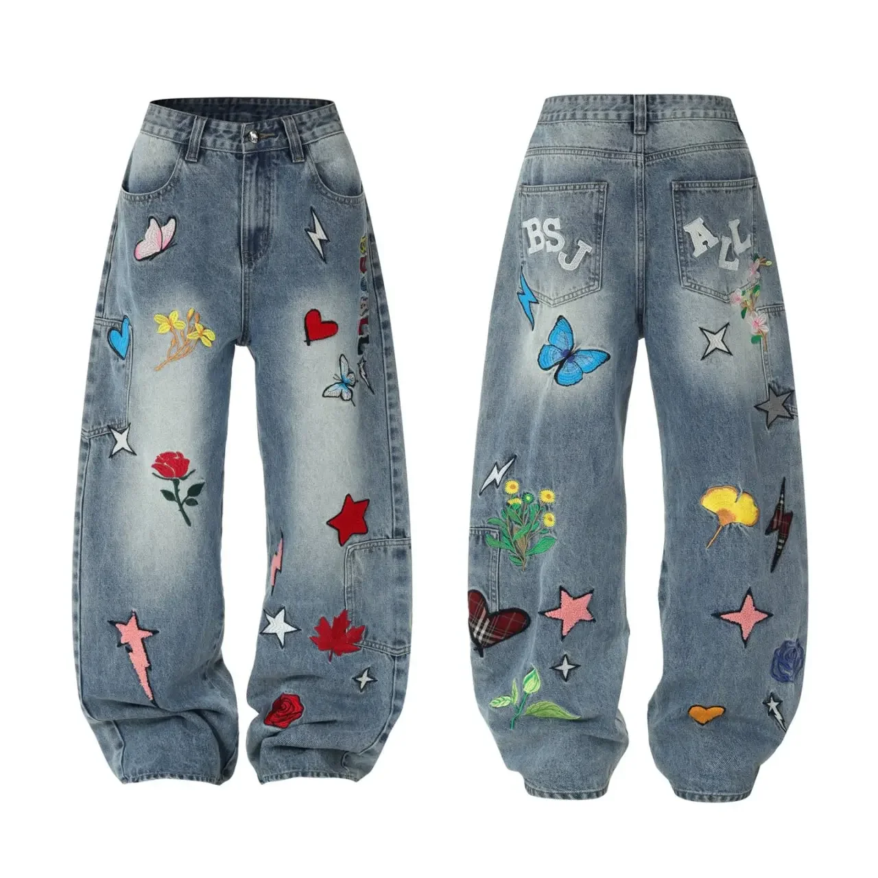 

Men Streetwear Fashion Hip Hop Loose Casual Wide Leg Denim Machete Baggy Jeans Pants Women Y2k Jeans Trousers Embroidery Jeans