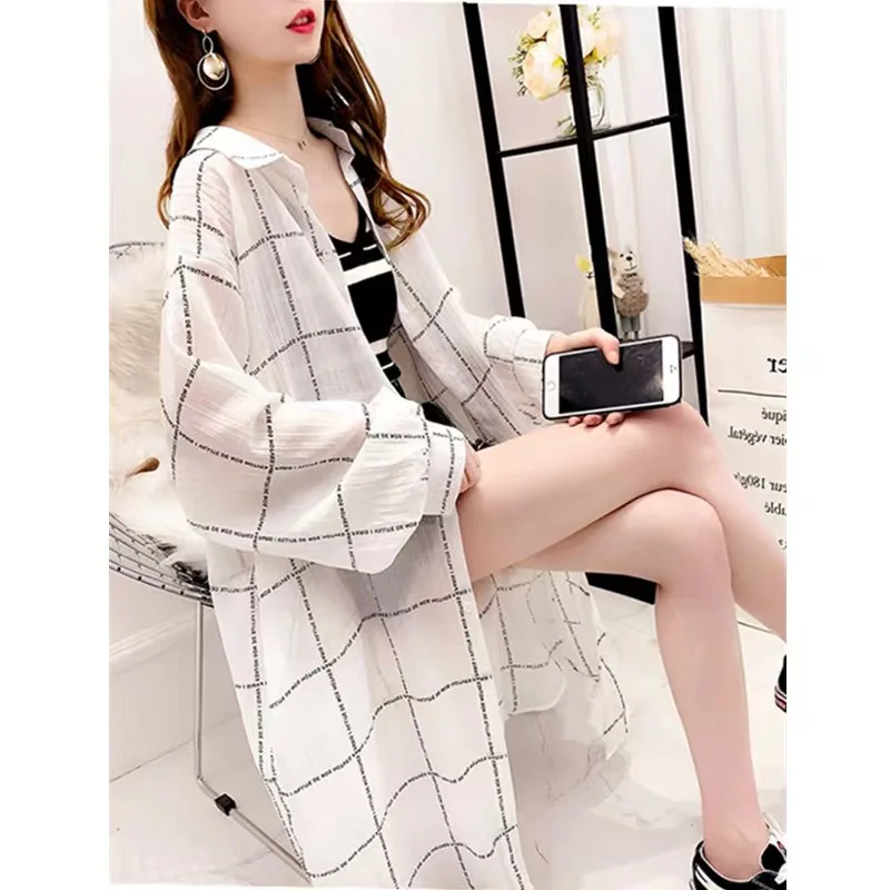 

Female Light See-through Long Shirt Travel Streetwear Loose Oversized Long Sleeve Breathable Thin Casual Beach Outer Garment