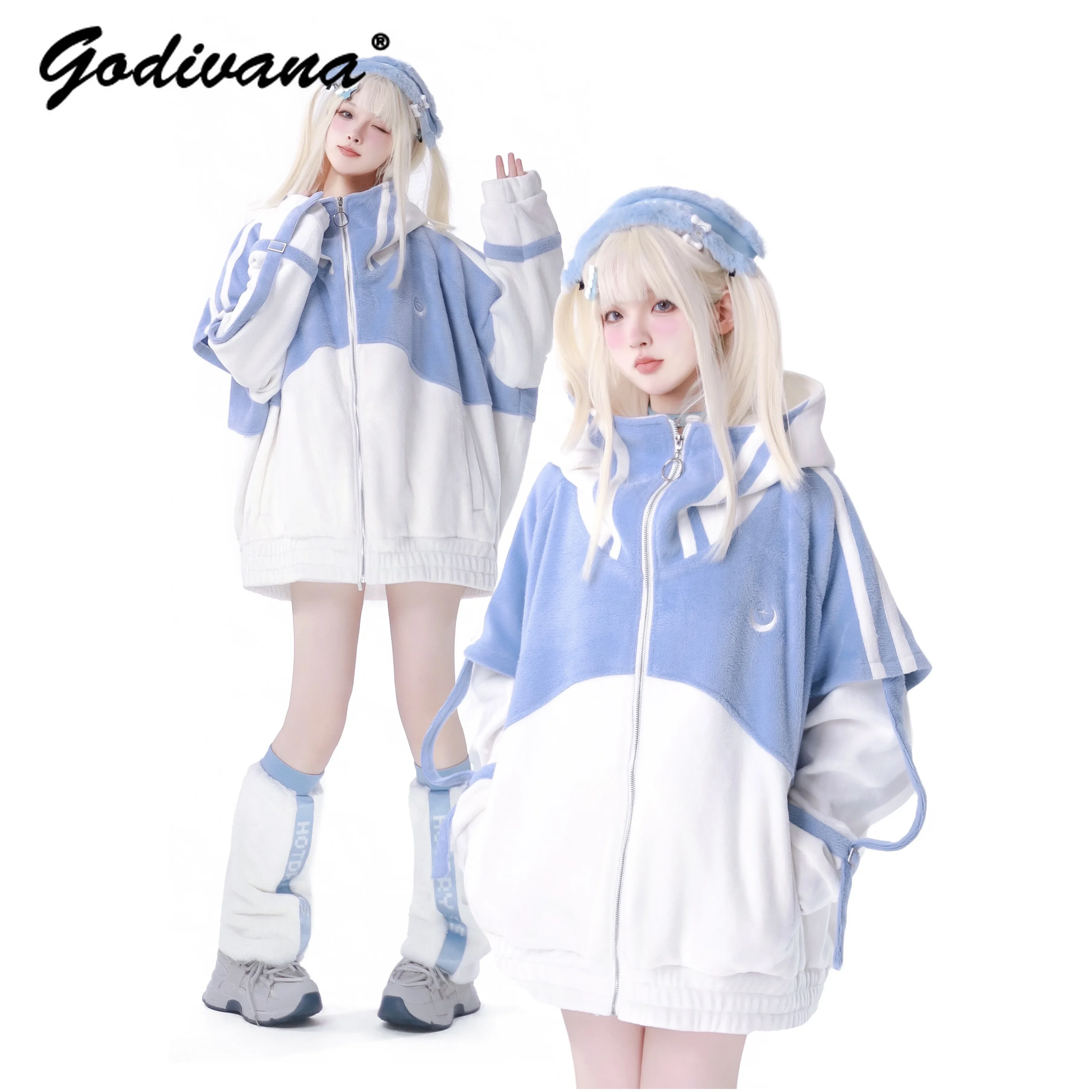 Mine Mass-Produced Zipper Furry Hoodie Jacket Water Color Fleece Coat Shorts and Pants Set Female Girls Winter Clothes Outfits