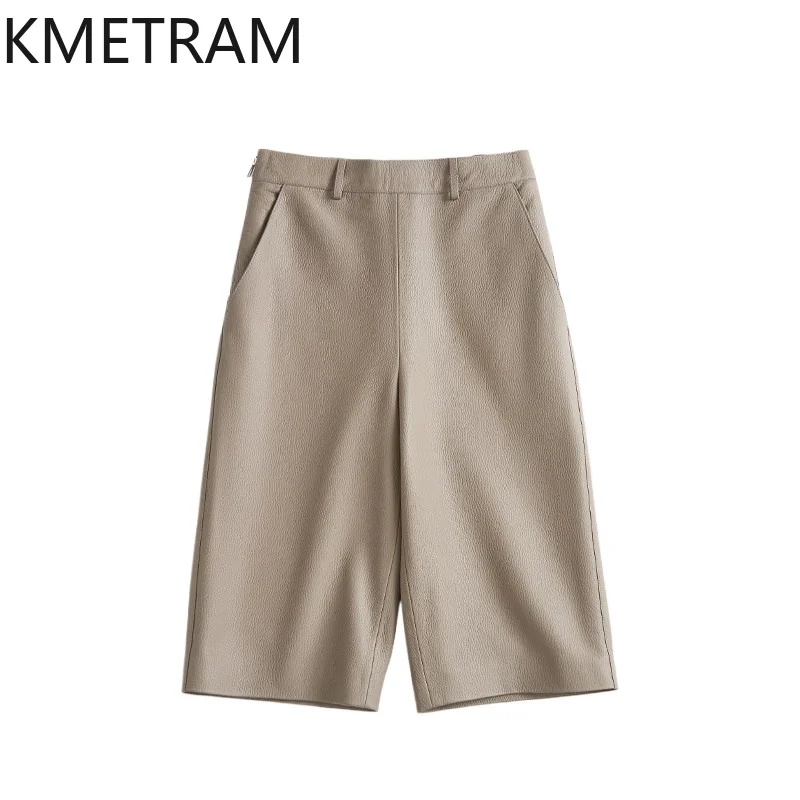 KMETRAM 100% Goatskin Litchi Grain Genuine Leather Pants Slim Casual Trousers High Waist Straight Pants for Woman Pantalones New