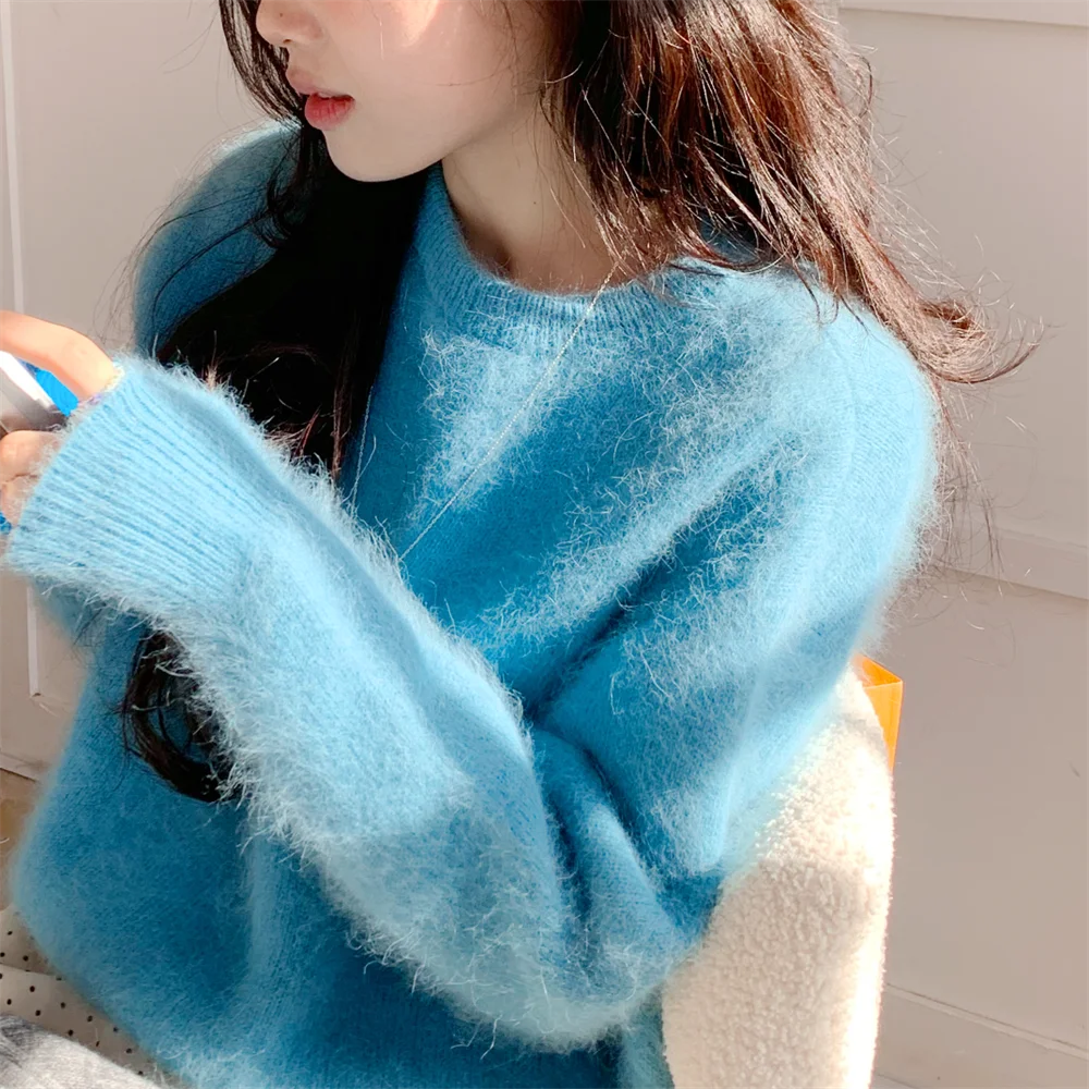 

Thiened Длинный бархатный теплый вязаный свитер Молочно-синий меховой поверхности Мягкий уютный круглый Ne Long Sve Regular Fit Осень Зима