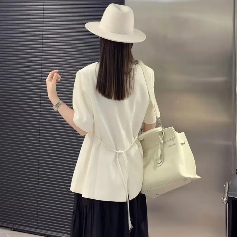 V-neck Elegant Plate Button Summer Women Clothing Short Sleeve Blazer Korean Chic Tops Thin High-end Jacket Office Ladies Suit