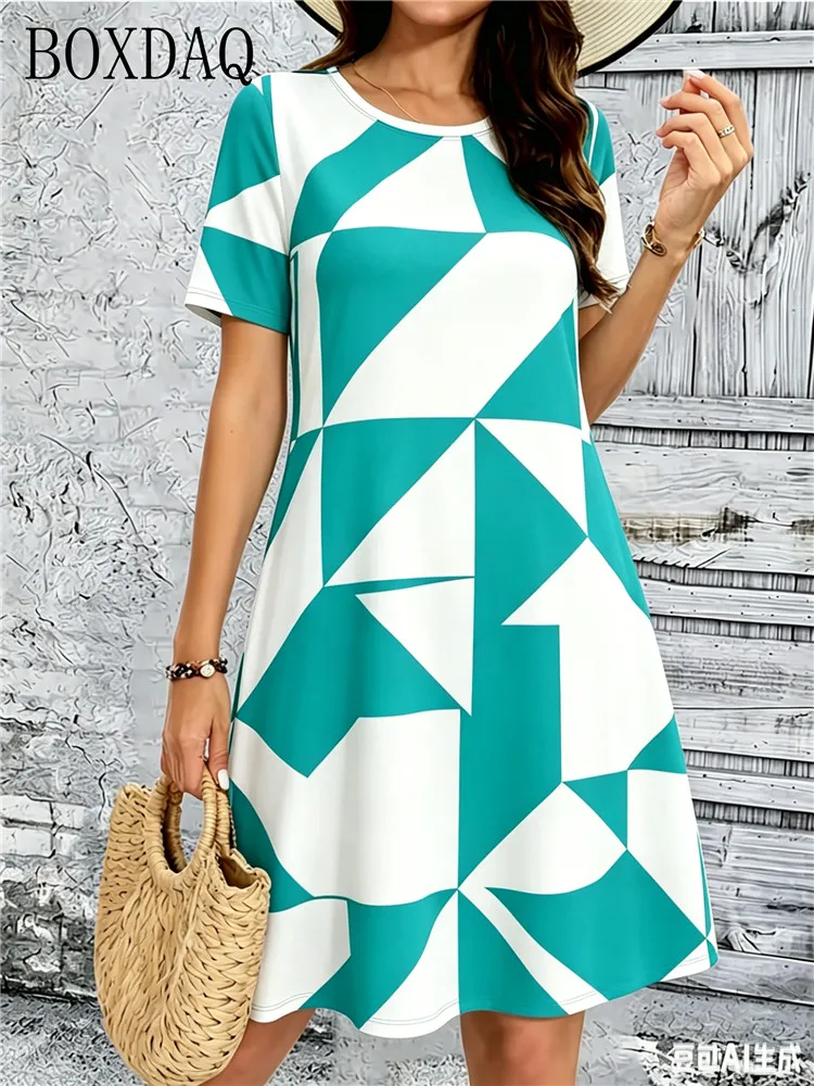 Color Block Geometry Print Dresses For Women 2026 Summer Clothing Casual Short Sleeve Loose Women'S Dress