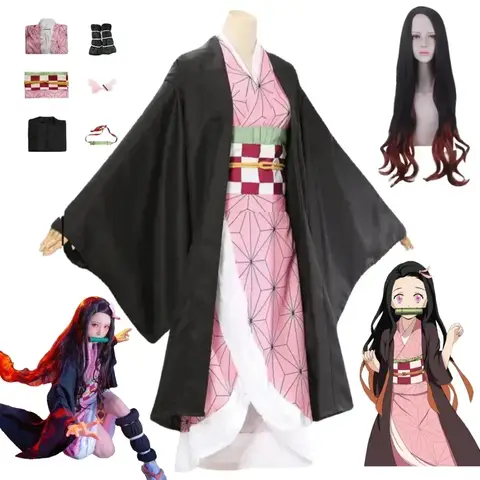 Kamado Nezuko คอสเพลย์เครื่องแต่งกายอะนิเมะชุดกิโมโน Kamado Nezuko Pruik ชุด Halloween Vrouwen Kinderkleding