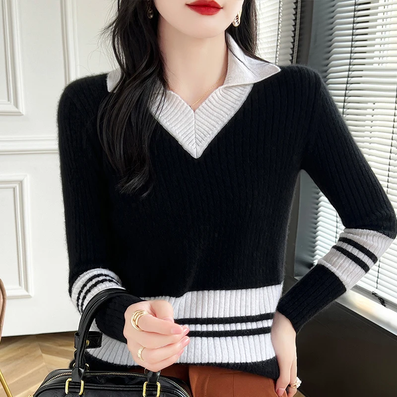 Autumn Winter New Cashmere Sweater 100% Wool Clothing Tops Women V-Neck Knit Pullover Korean Slim fit Long Sleeved Lapel Sweater