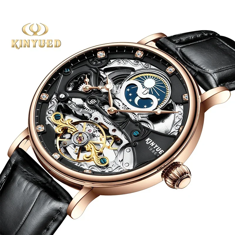 

Kinyued New Men Mechanical Automatic Watch Business Leather Strap Watches Luminous Hands Moon Phase Two Time Zone Display Watch