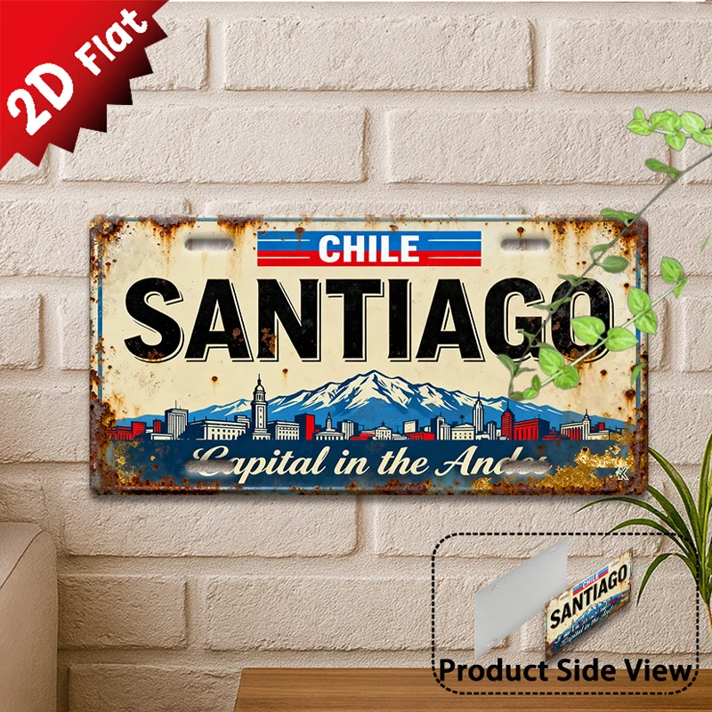 2D Flat - A Metal Sign from Santiago, an Outdoor Plaque & Wall Decoration, Vintage Metal Sign with a Mountain Capital Theme